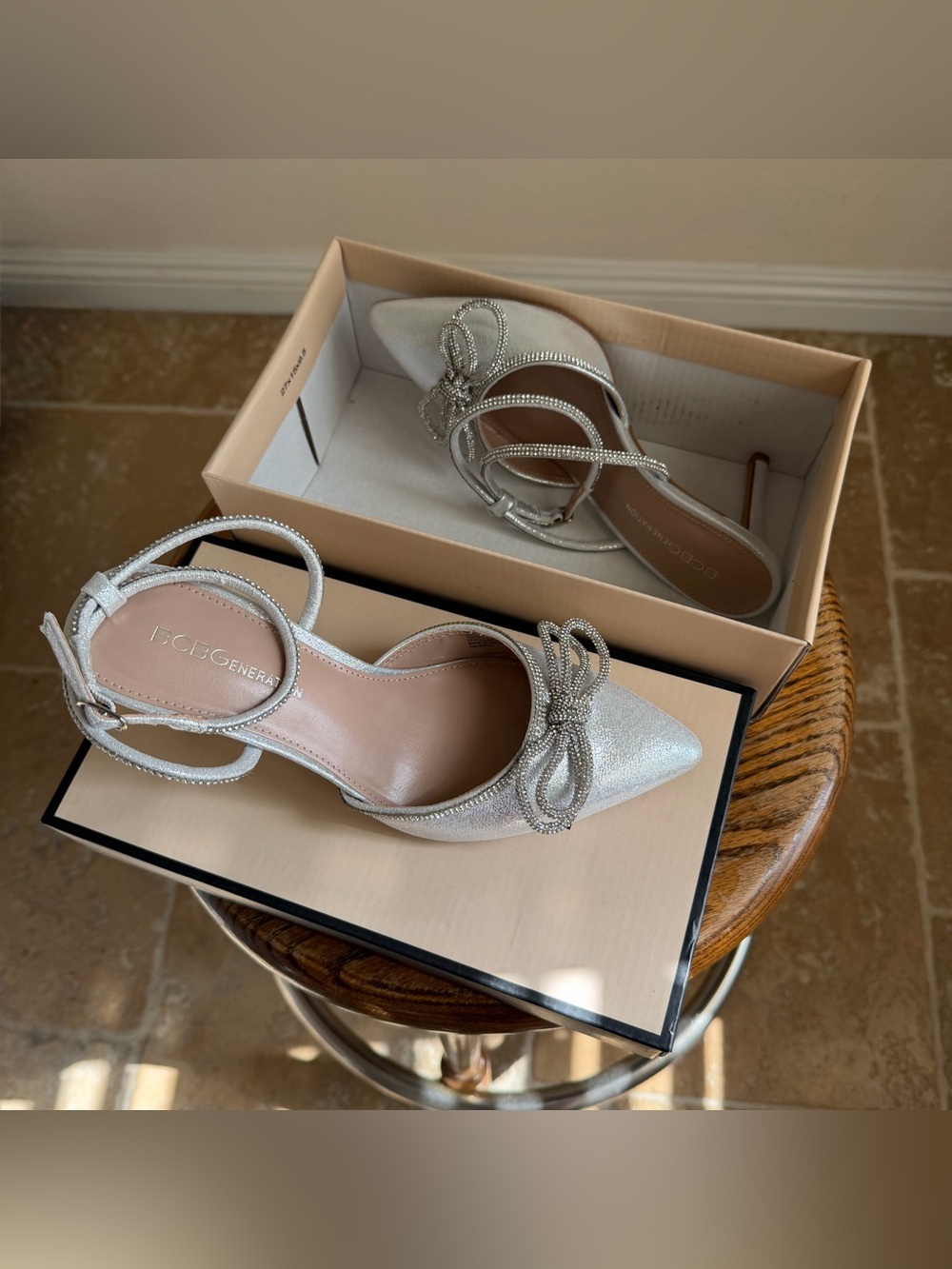 BCBGeneration Silver Crystal Bow Pointed-Toe Slingback Heels